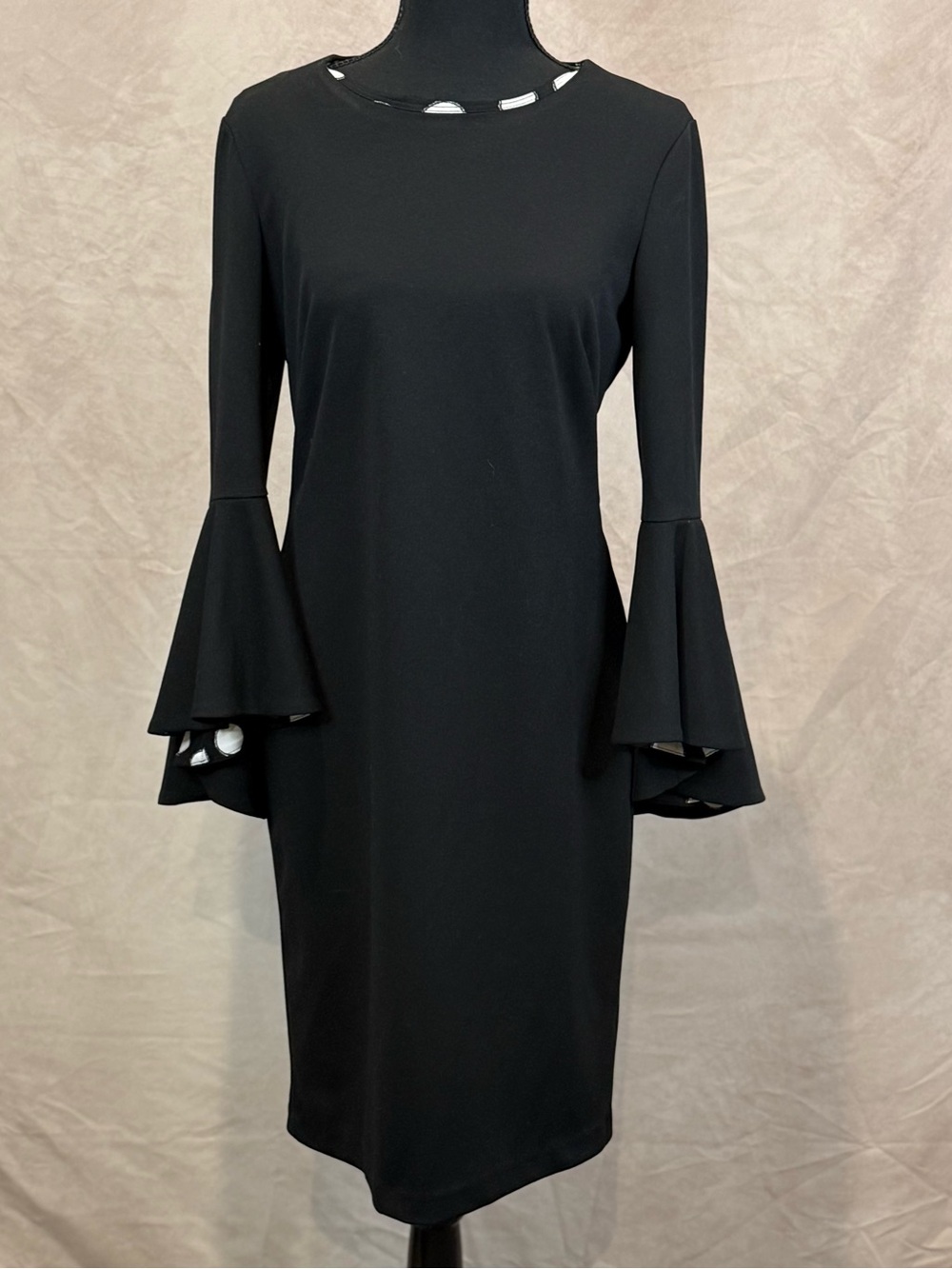 Liz Claiborne Women’s Black Long-Sleeve Bell Cuff Dress w/ Polka Dot Accents